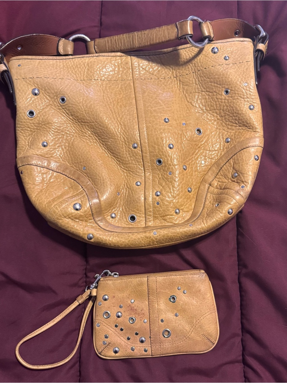 Coach Tan Leather Studded Shoulder Bag with Wristlet